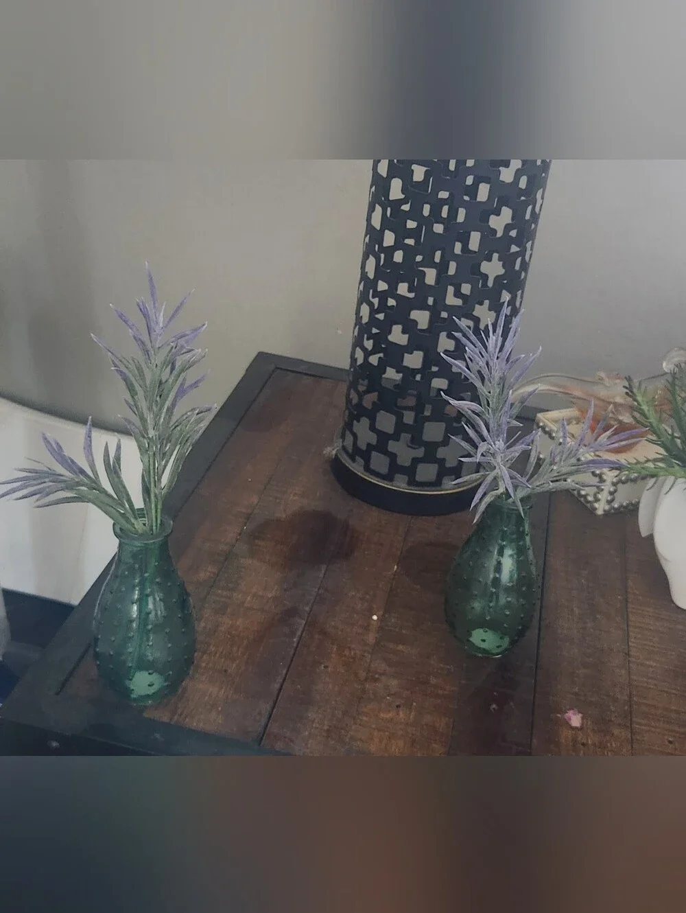 Two Decorative Green Glass Bud Vase with Artificial Lavender Sprigs